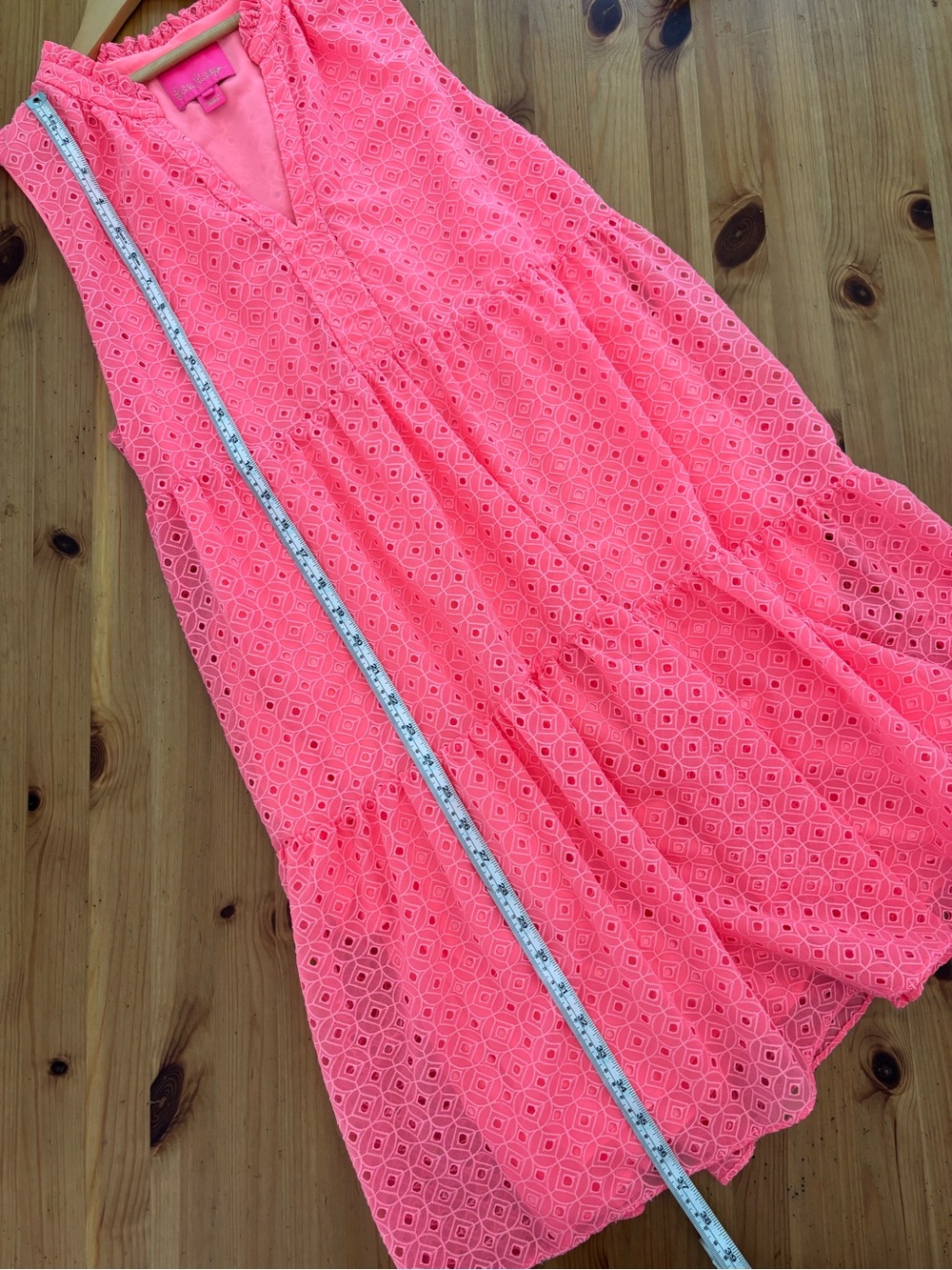 Lilly Pulitzer Novella Coral Pink Mini Medallion Eyelet Chiffon V-Neck Dress - Picture 9 of 10